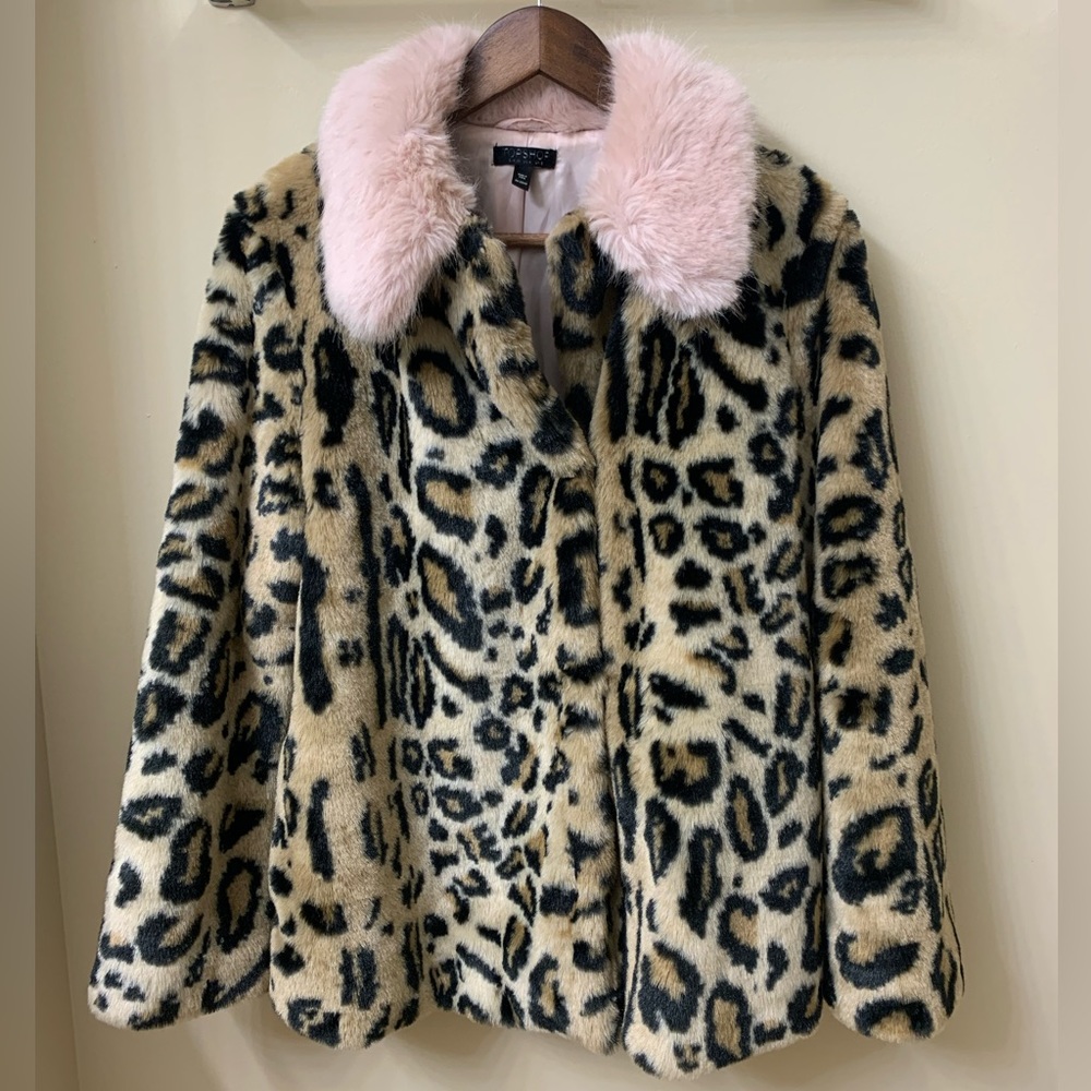 TOPSHOP Faux Fur Leopard Print, Pink Trim Coat
